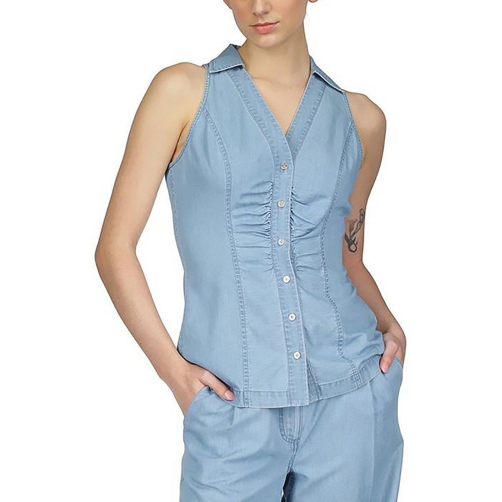Michael Kors Chambray Sleeveless Top Ruched Button‎ Down Collar Light Blue